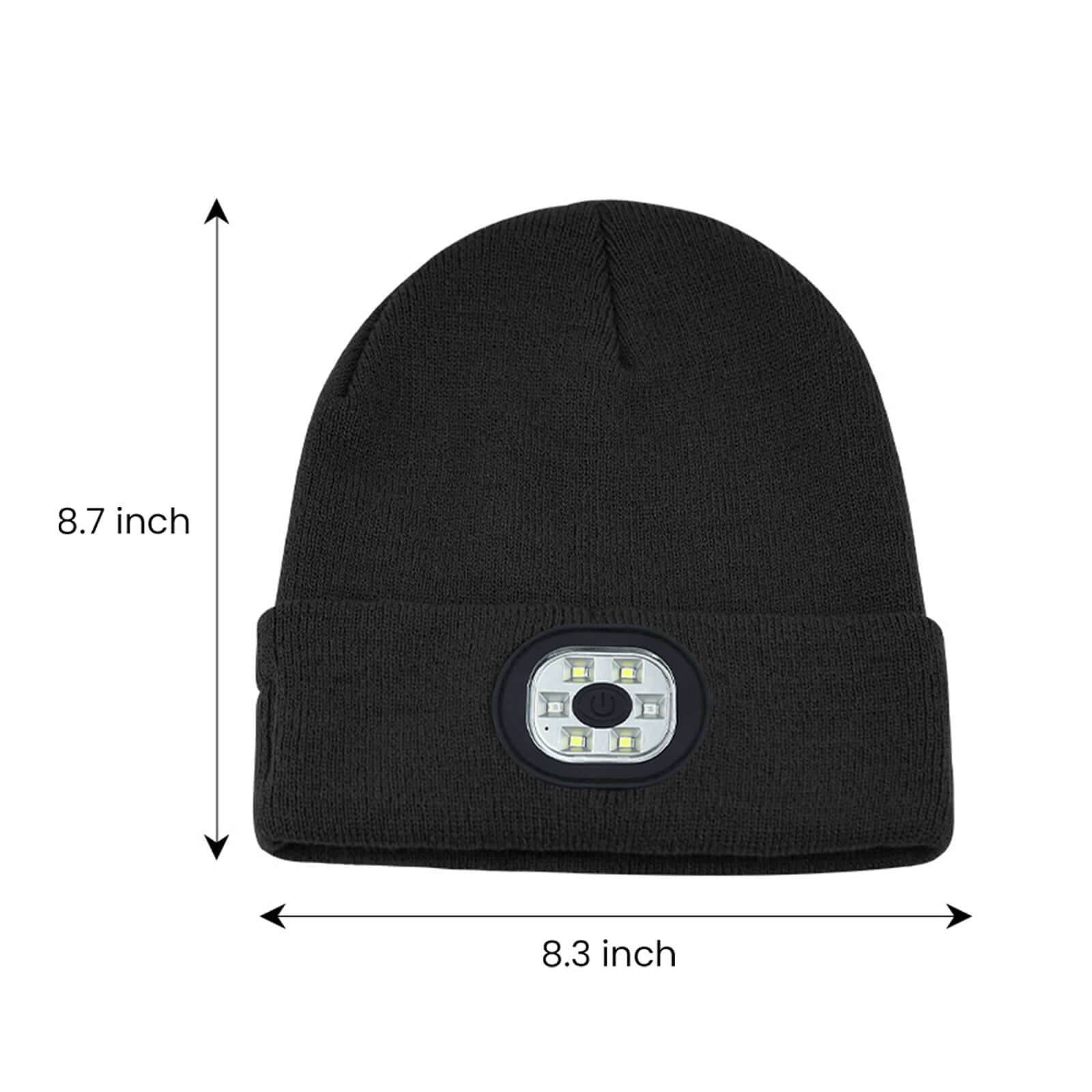 Black Knit Beanie Hat with built-in LED Lights for men and women, dimensions 8.7 inches height and 8.3 inches width, perfect for outdoor activities.