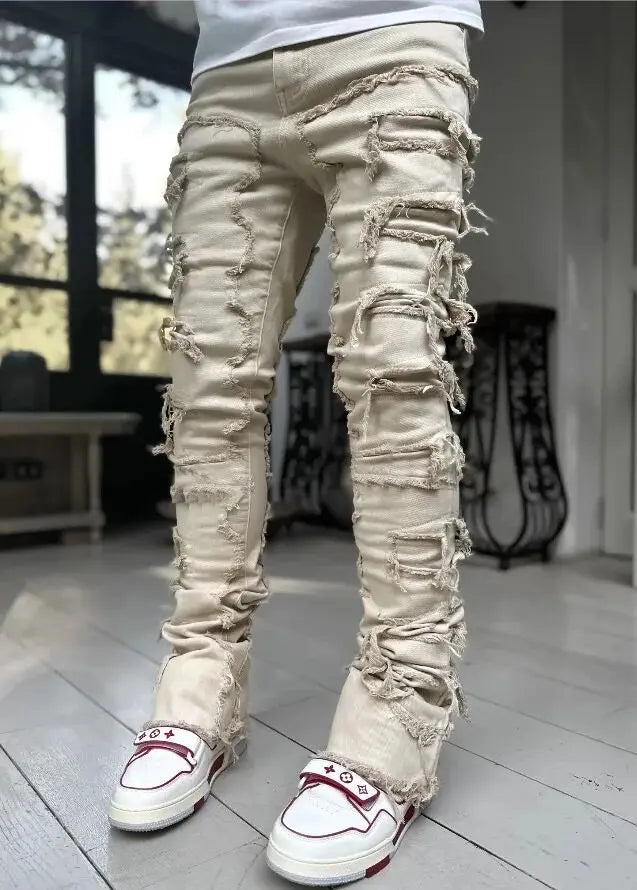 Men's Stacked Jeans Stretched Patchwork Pants Hip-Pop Trousers for Male