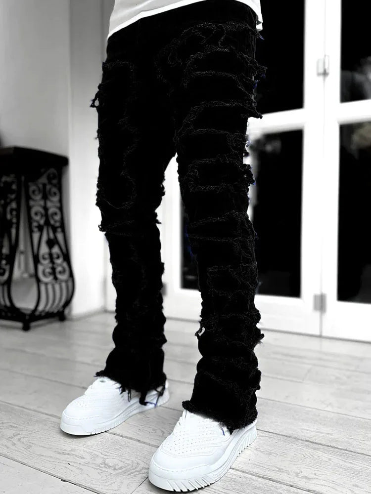 Men's Stacked Jeans Stretched Patchwork Pants Hip-Pop Trousers for Male