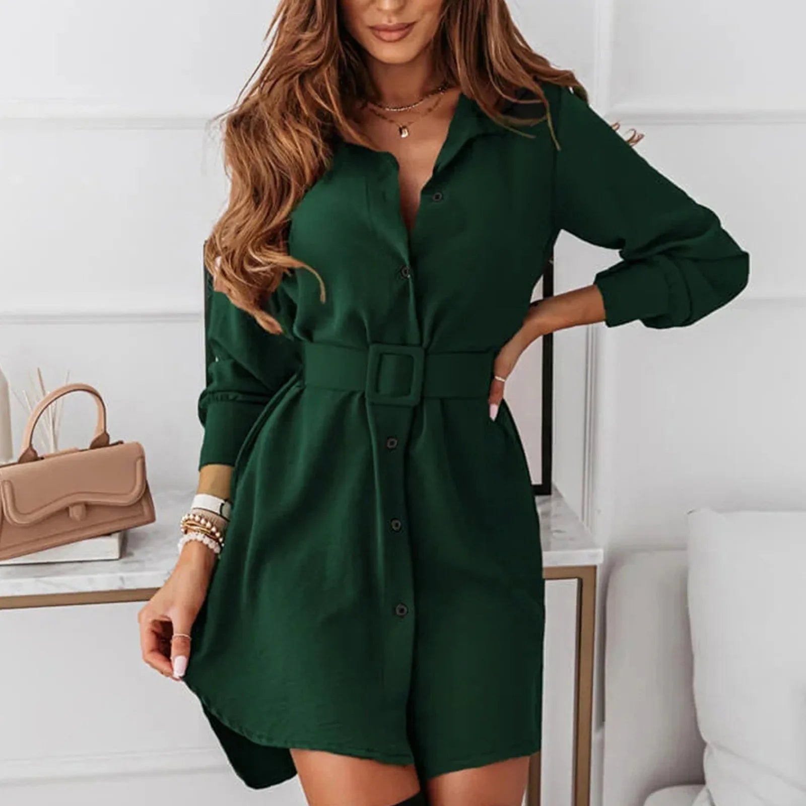 Knee-Length Casual A-Line Slim Fit Shirt Dress with Long Sleeves