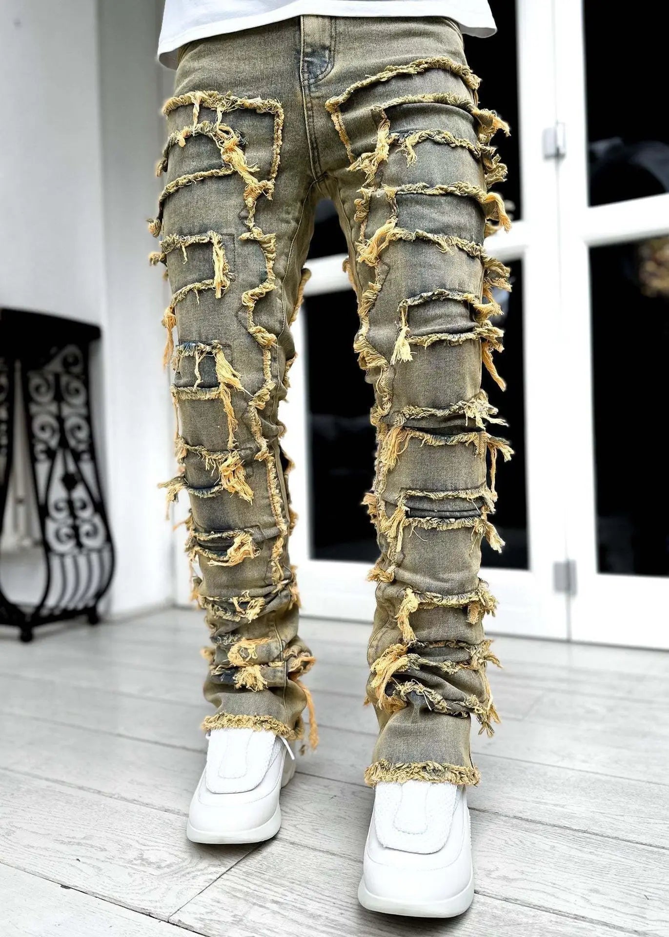 Men's Stacked Jeans Stretched Patchwork Pants Hip-Pop Trousers for Male