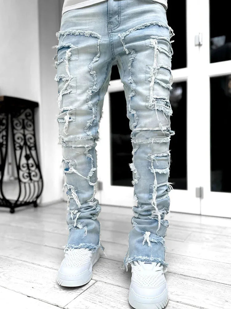 Men's Stacked Jeans Stretched Patchwork Pants Hip-Pop Trousers for Male