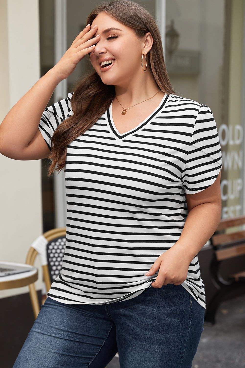 Ramona Stripe v Neck Petal Sleeve Plus Size Top