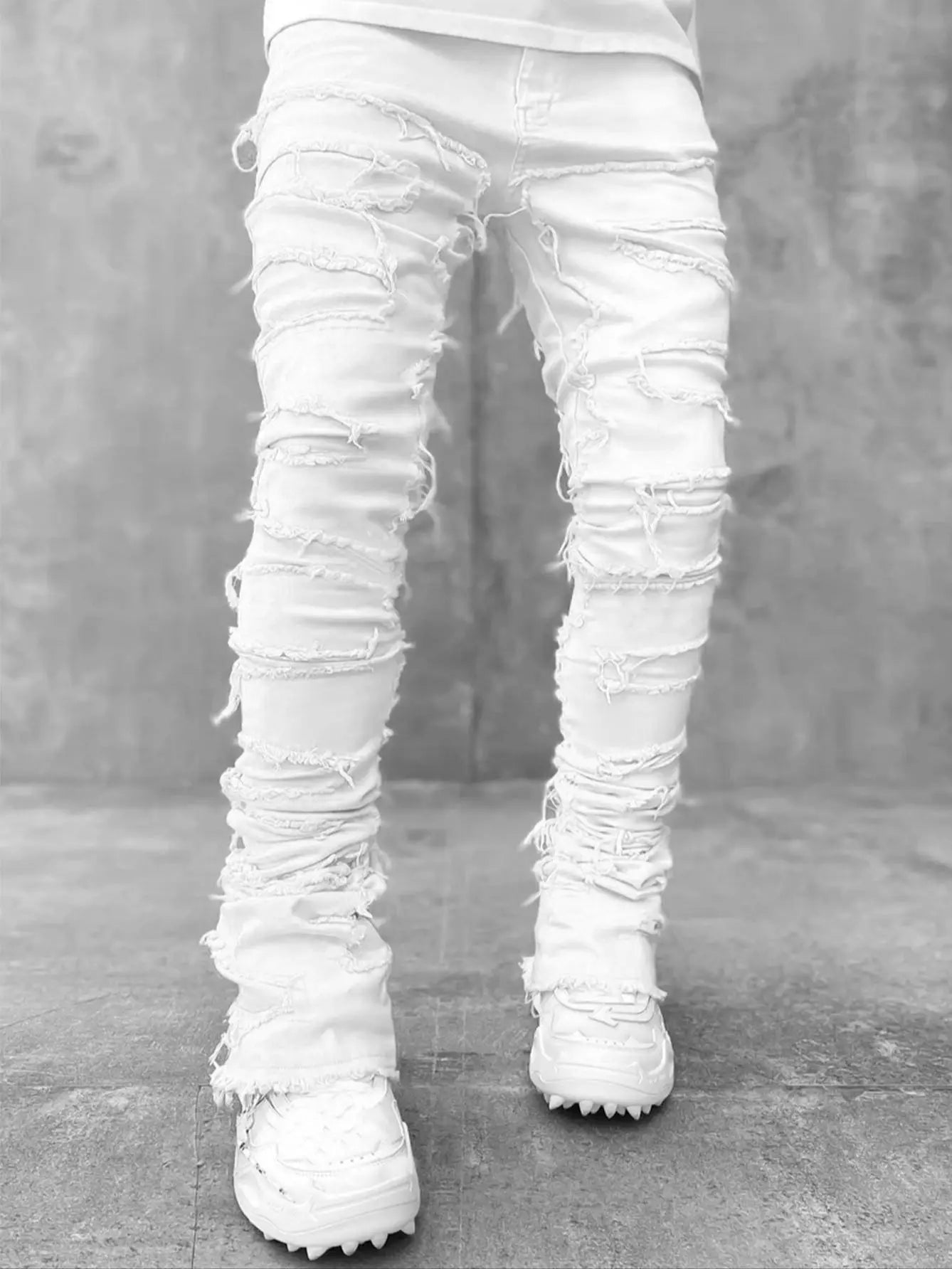 Men's Stacked Jeans Stretched Patchwork Pants Hip-Pop Trousers for Male