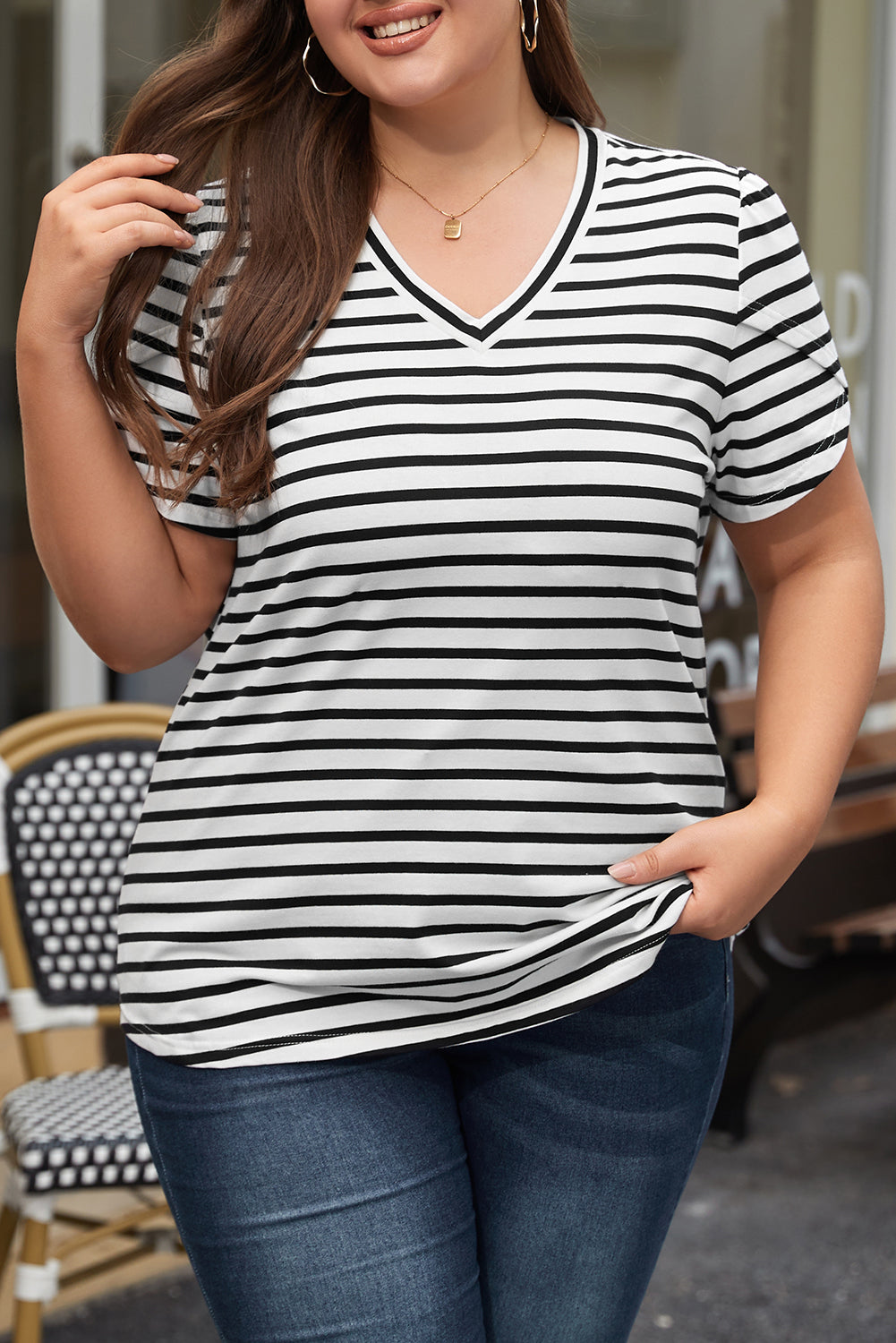 Ramona Stripe v Neck Petal Sleeve Plus Size Top