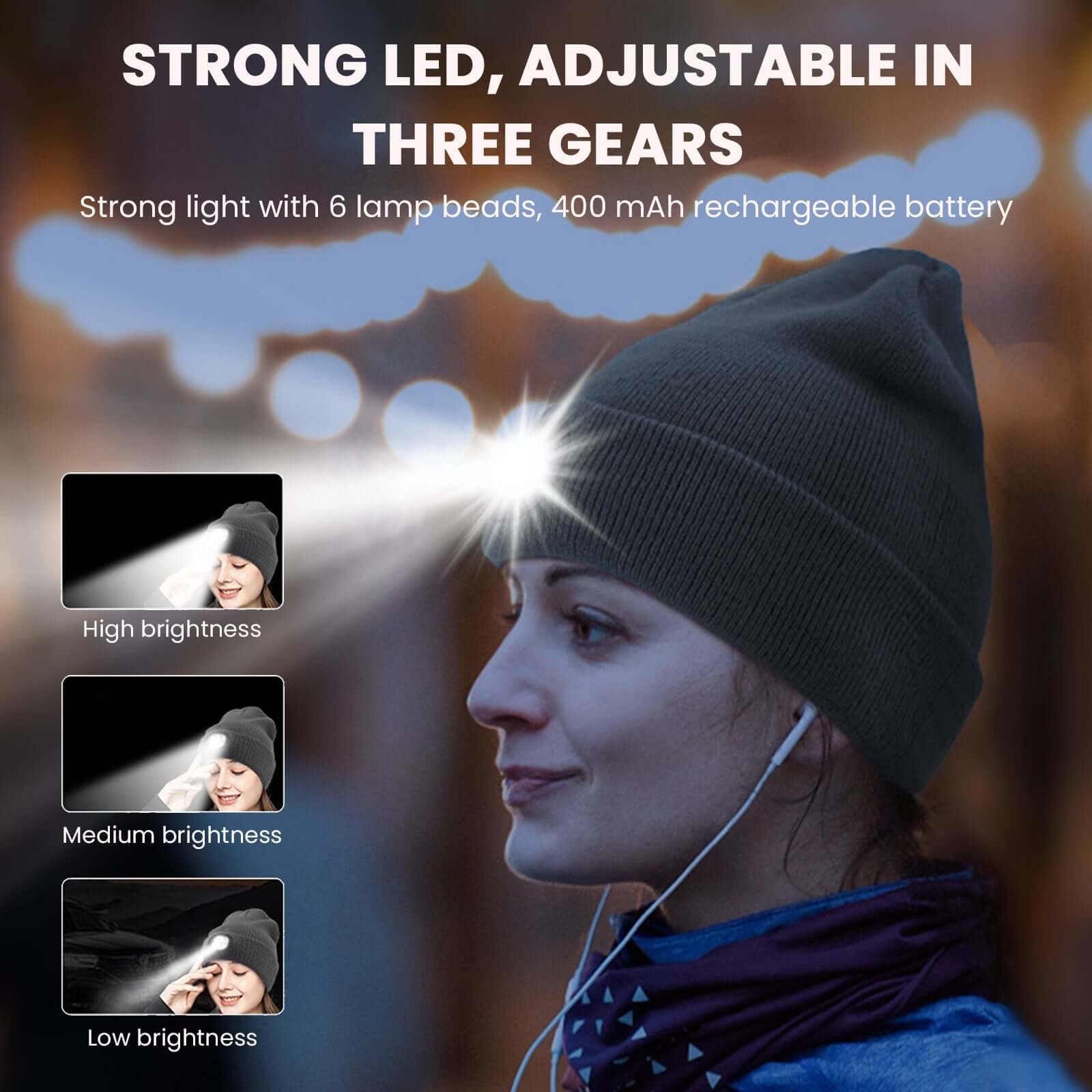 Woman wearing Knit Beanie Hat with LED lights for outdoor activities, demonstrating adjustable brightness levels for safety.