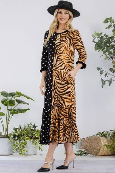 Celeste Full Size Polka Dot & Leopard Round Neck Midi Dress Plus Size