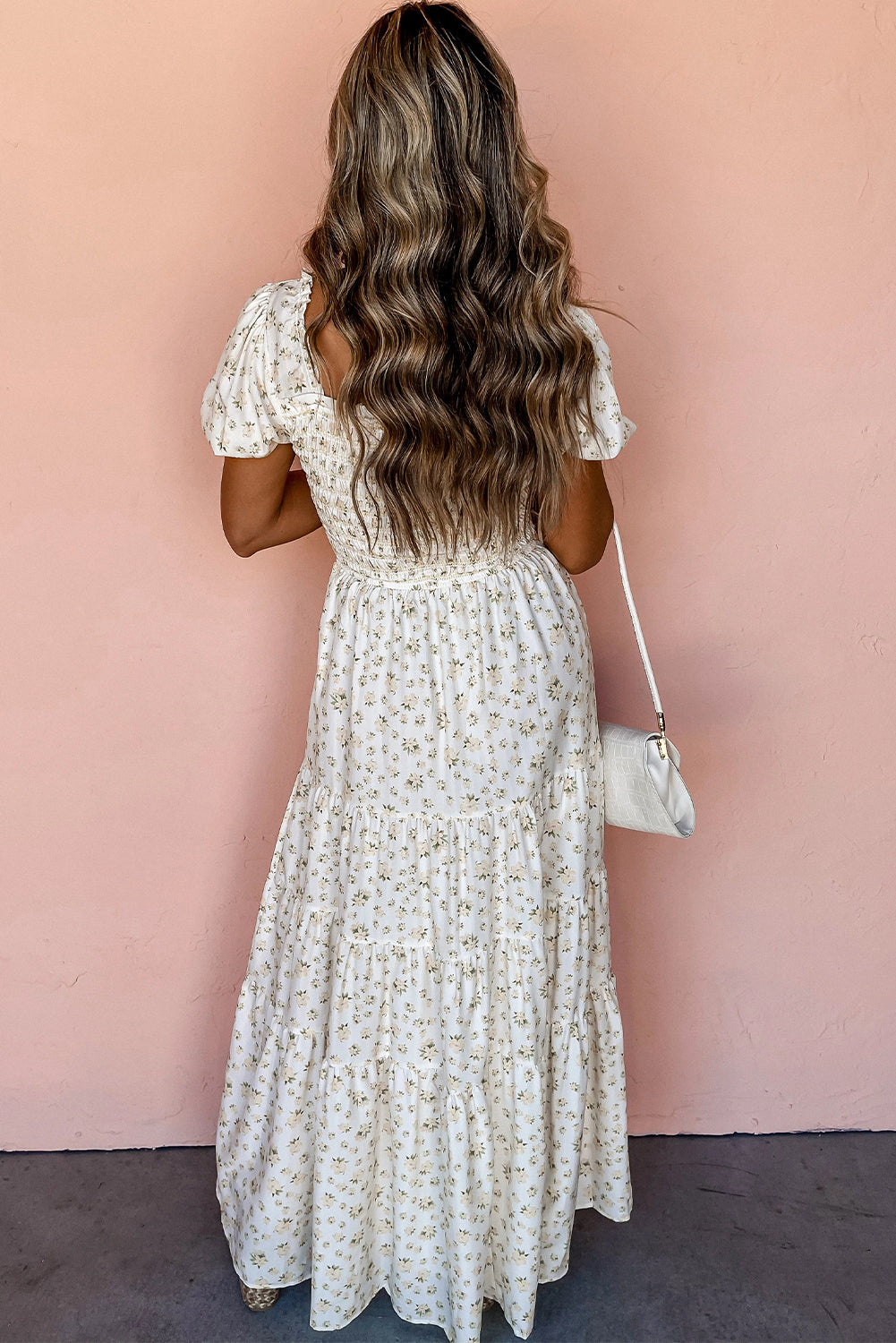 White Frilly Shirred Bodice Tiered Floral Maxi Dress