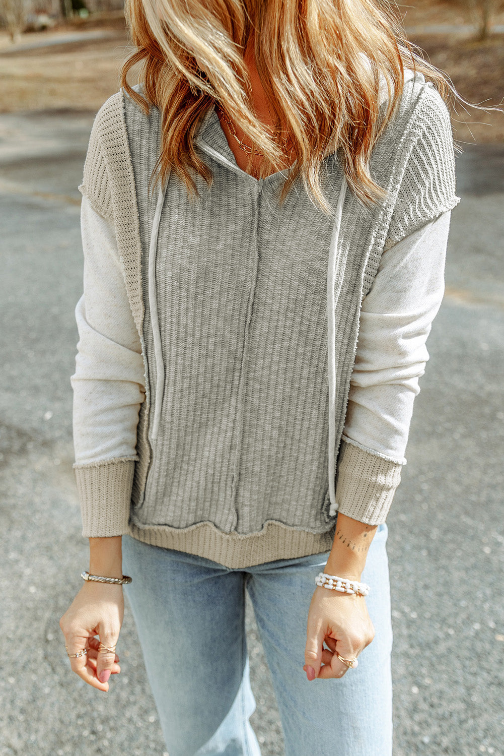 Skylar Long Sleeve Textured Knit Patchwork Hoodie