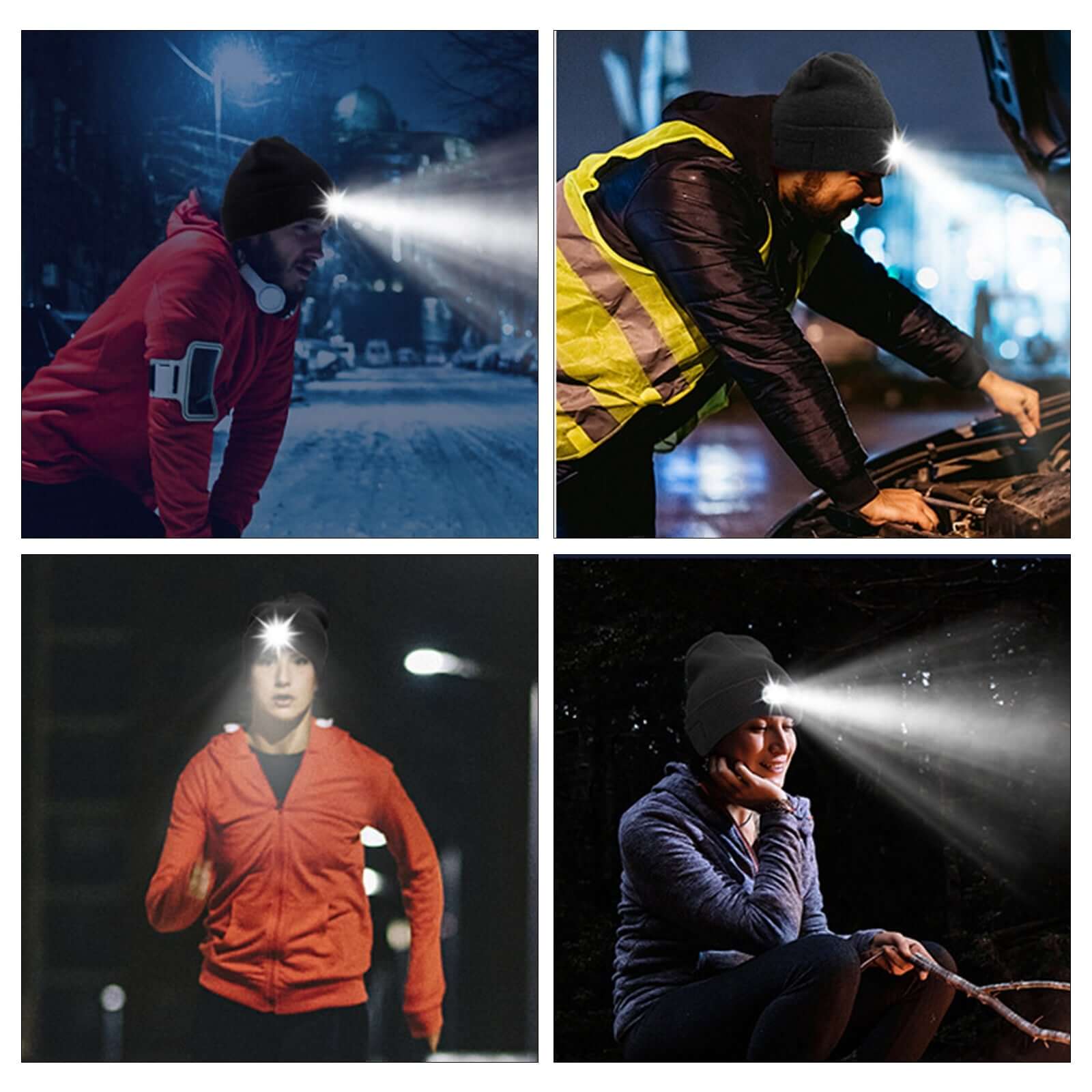 Collage of people using Knit Beanie Hat with built-in LED lights for outdoor activities like cycling, running, and fishing at night.