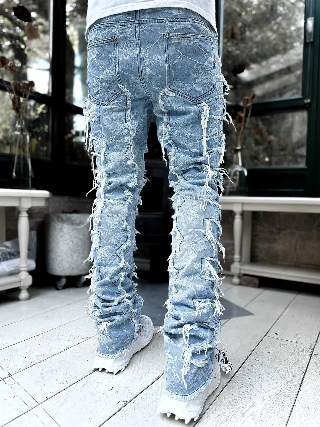 Men's Stacked Jeans Stretched Patchwork Pants Hip-Pop Trousers for Male