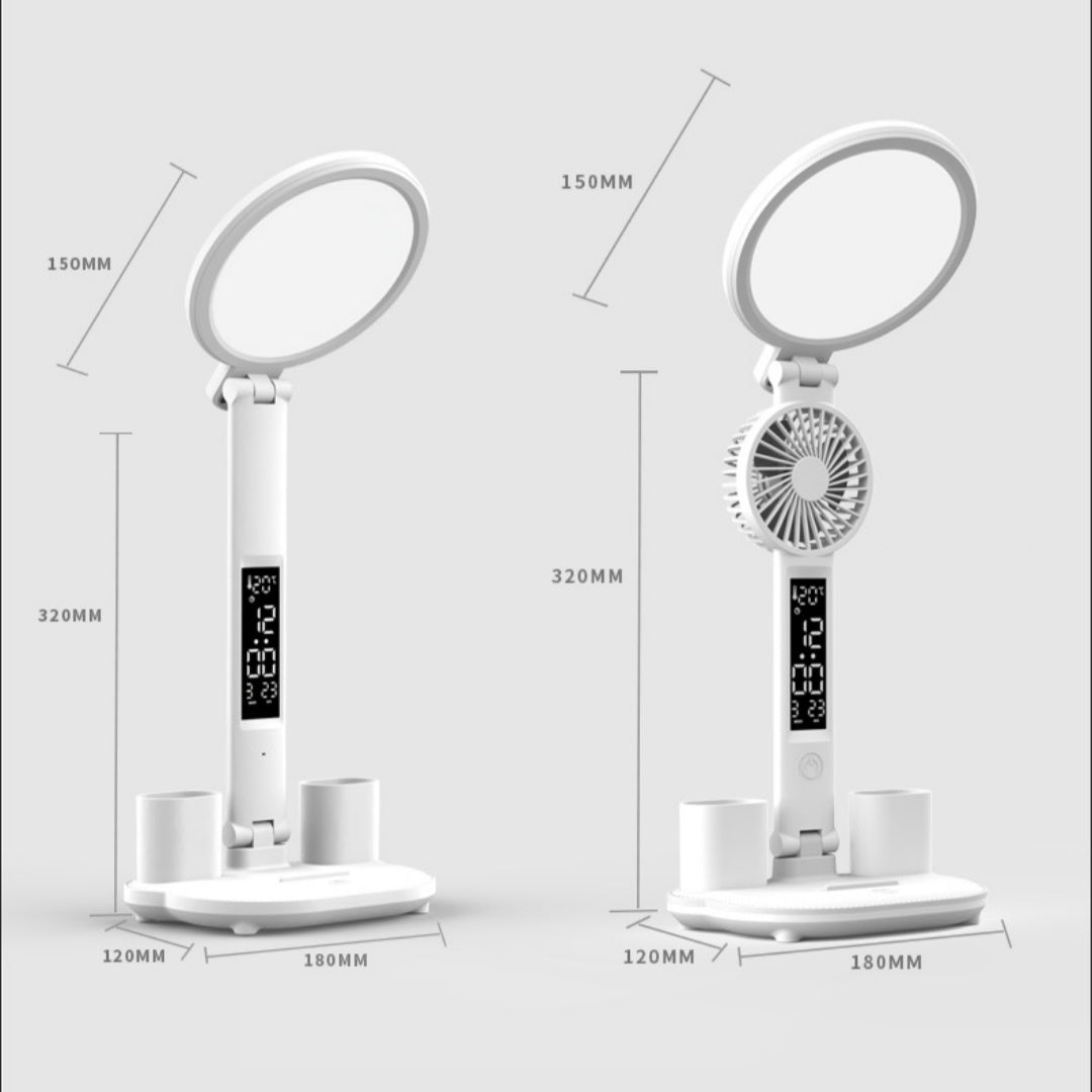 Multifunctional LED Desk Lamp with Clock, Fan, & Wireless Charging – Eye-Care & Customizable