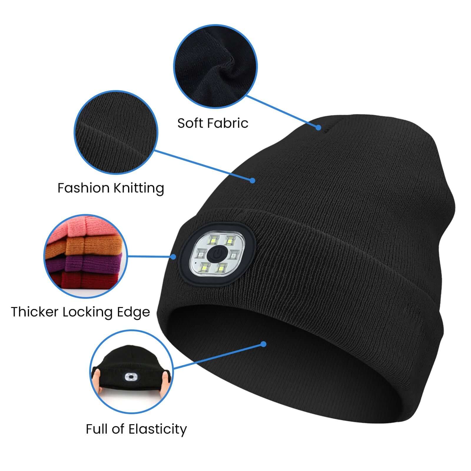 Black knit beanie hat with built-in LED lights, showcasing features like soft fabric, fashion knitting, thicker locking edge, and elasticity.