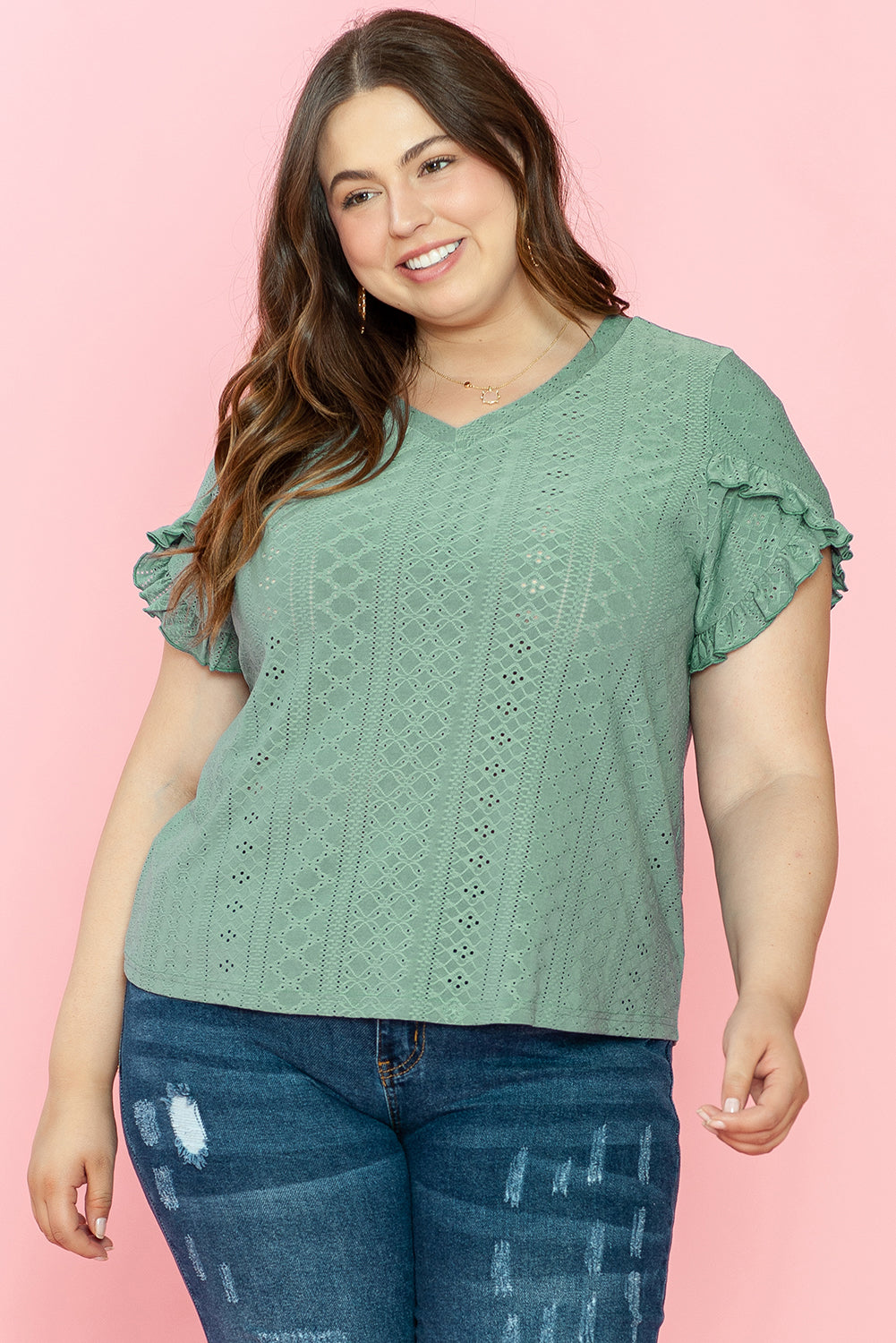 Lakelynn Petal Sleeve Jacquard v Neck Plus Size Blouse