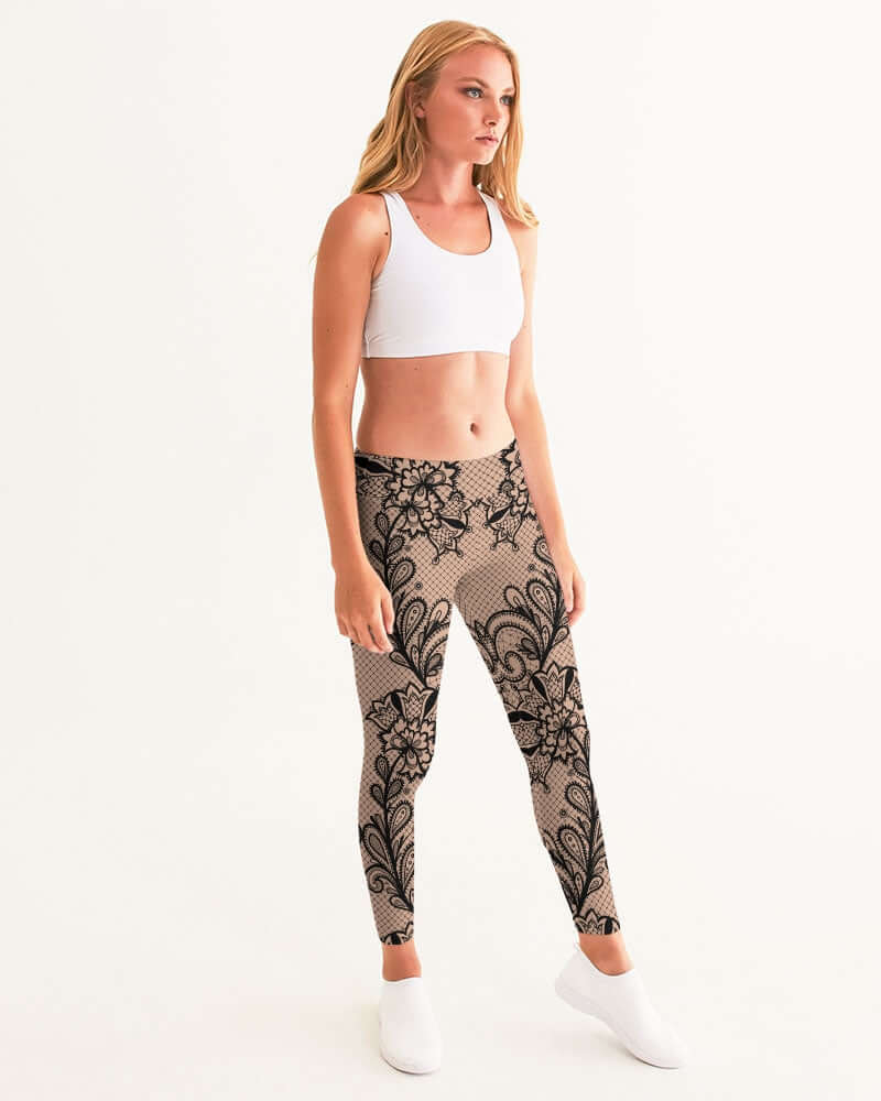 Black & Nude Lace Women's Yoga Pants