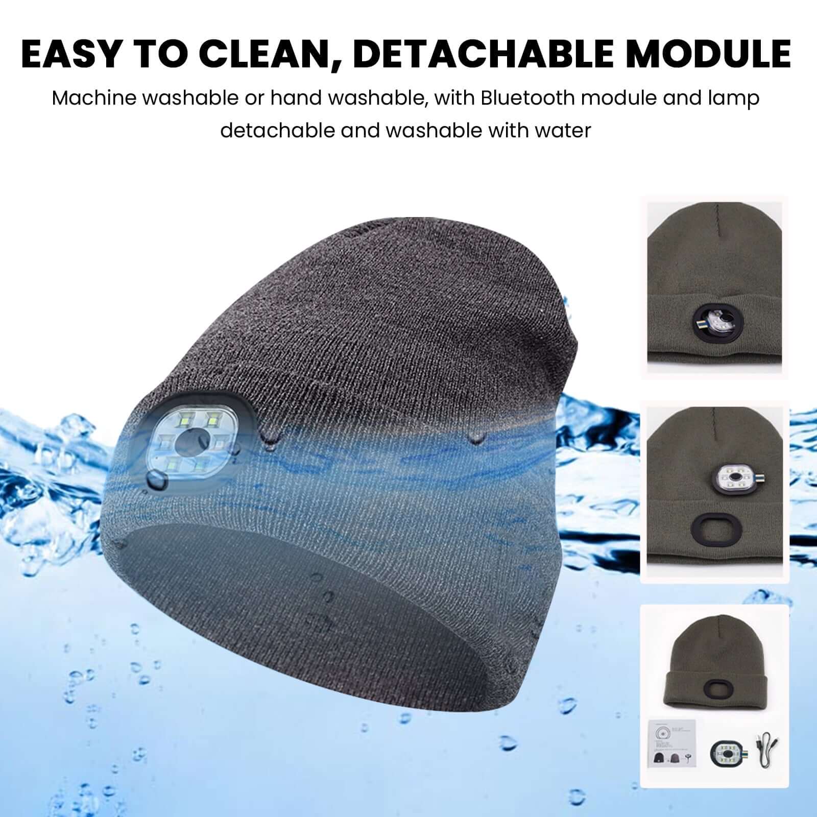 Knit beanie hat with LED lights, detachable module for easy cleaning, with Bluetooth and washing instructions, in water background.