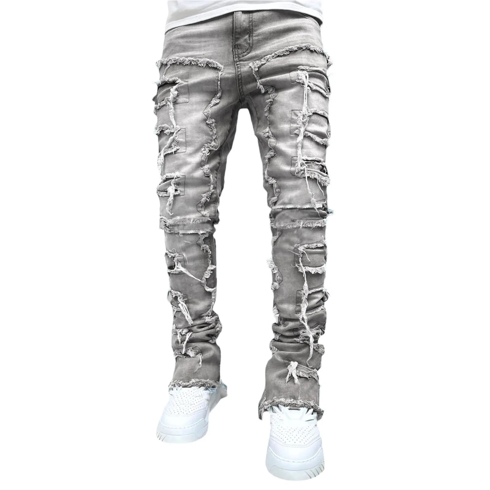 Men's Stacked Jeans Stretched Patchwork Pants Hip-Pop Trousers for Male