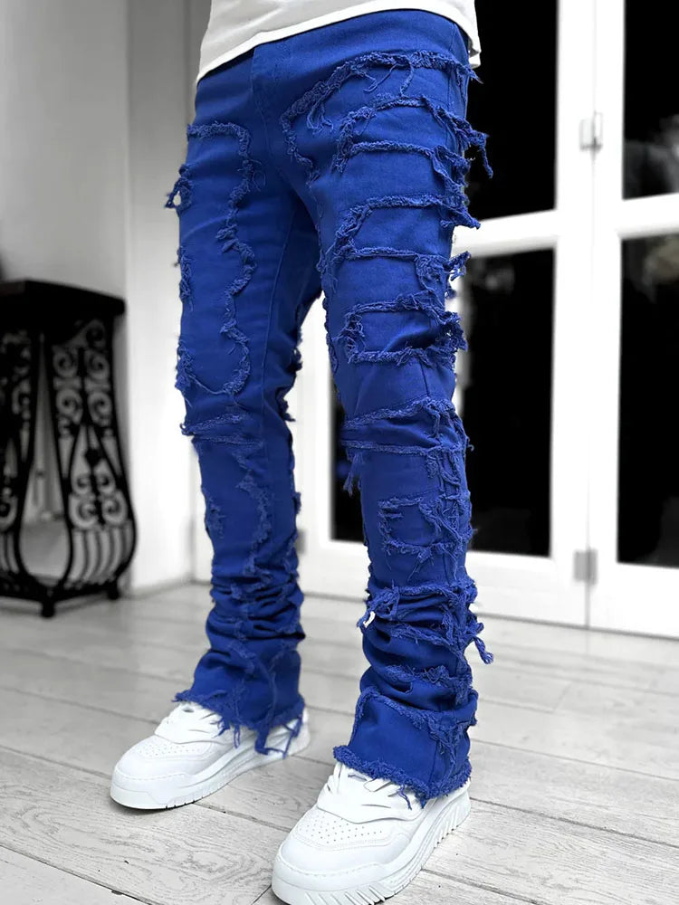 Men's Stacked Jeans Stretched Patchwork Pants Hip-Pop Trousers for Male