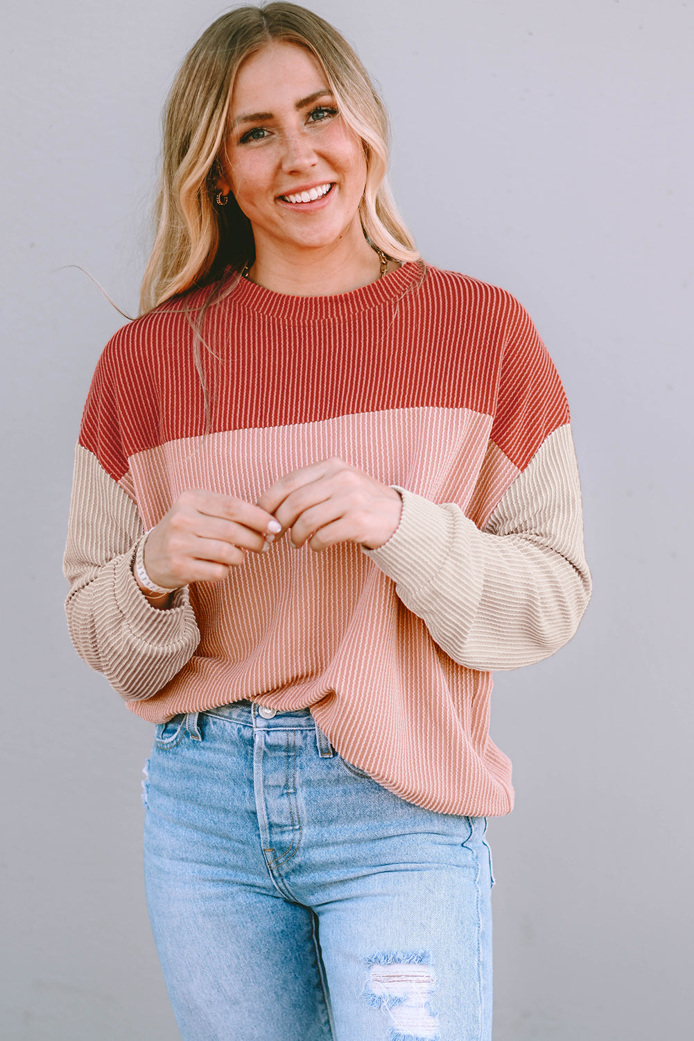 Rachel Block Long Sleeve Ribbed Loose Top