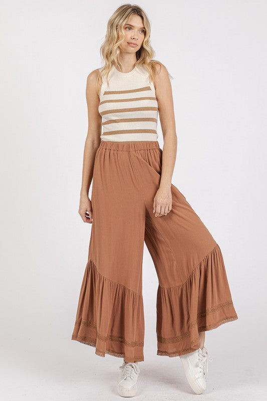 Mittoshop Lace Ruffle Asymmetric Hem Wide Leg Pants