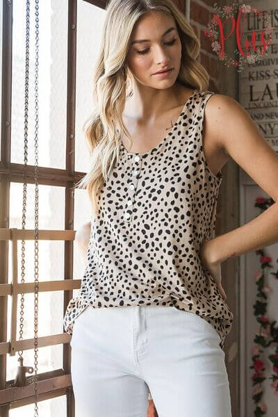 Heimish Full Size Front Button Animal Print Sleeveless Top Plus Size