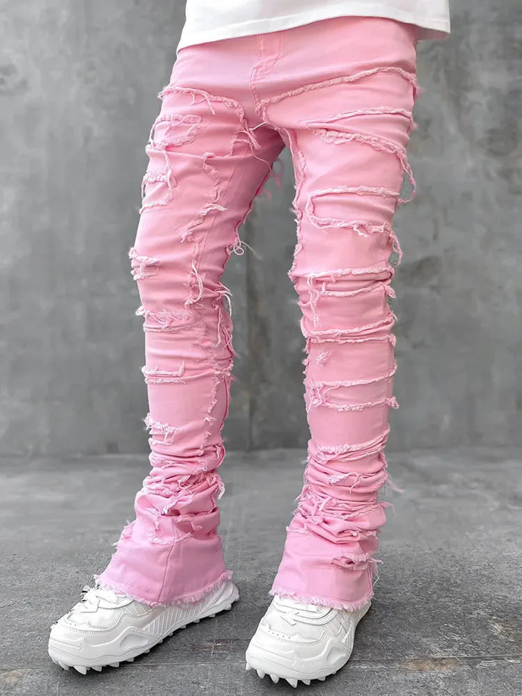 Men's Stacked Jeans Stretched Patchwork Pants Hip-Pop Trousers for Male