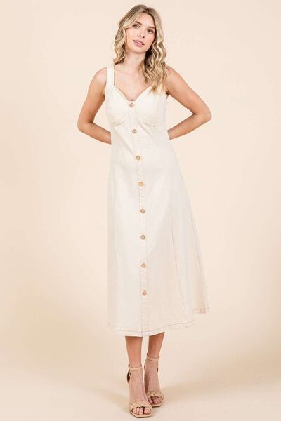 Mittoshop Stretch Twill Decor Button Sleeveless Midi Dress