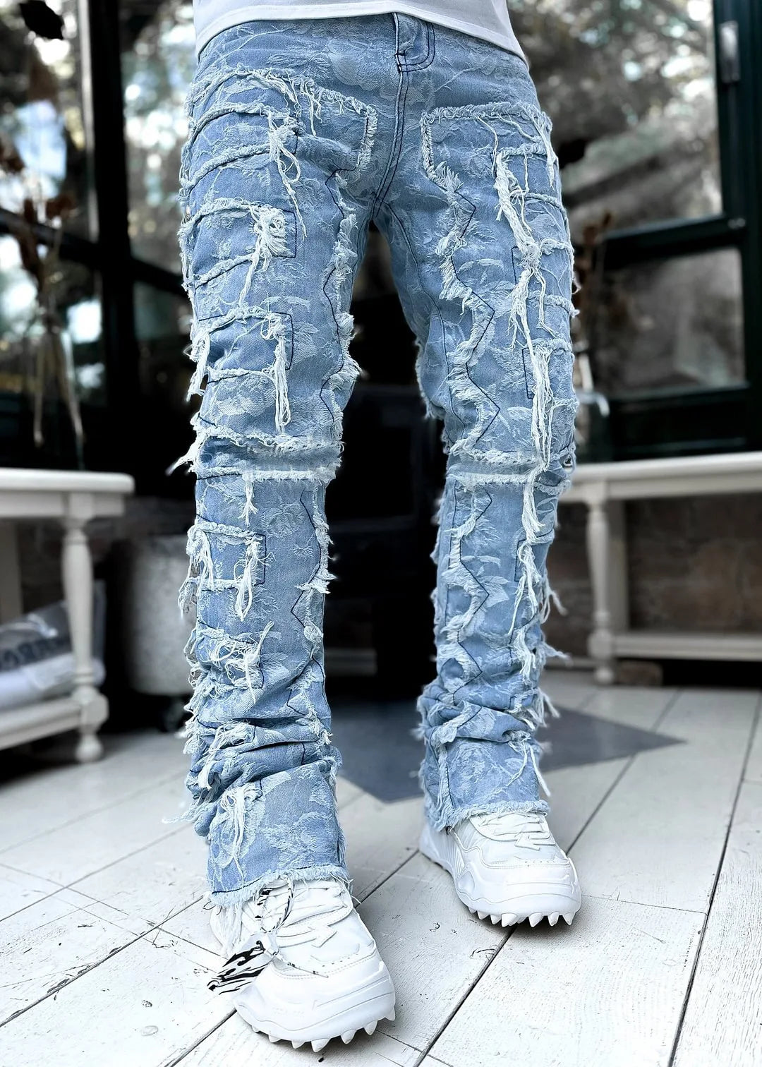 Men's Stacked Jeans Stretched Patchwork Pants Hip-Pop Trousers for Male