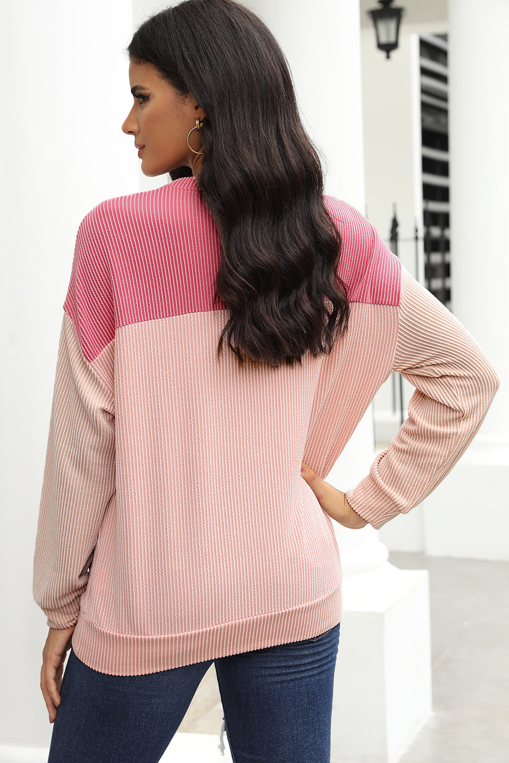 Rachel Block Long Sleeve Ribbed Loose Top