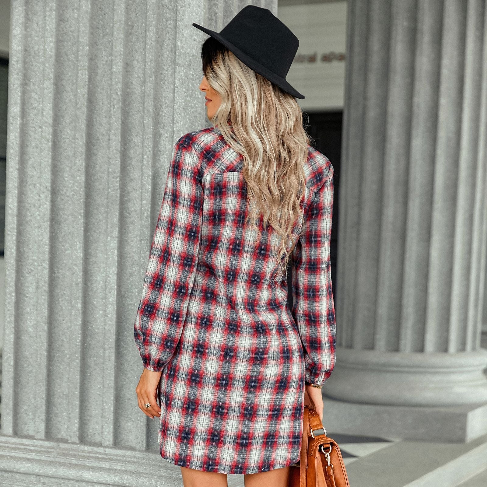 Long Sleeve Plaid Button Tunic Tops Shirt Casual Dress