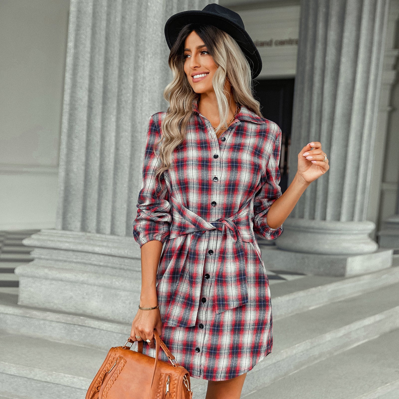 Long Sleeve Plaid Button Tunic Tops Shirt Casual Dress