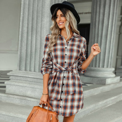 Long Sleeve Plaid Button Tunic Tops Shirt Casual Dress