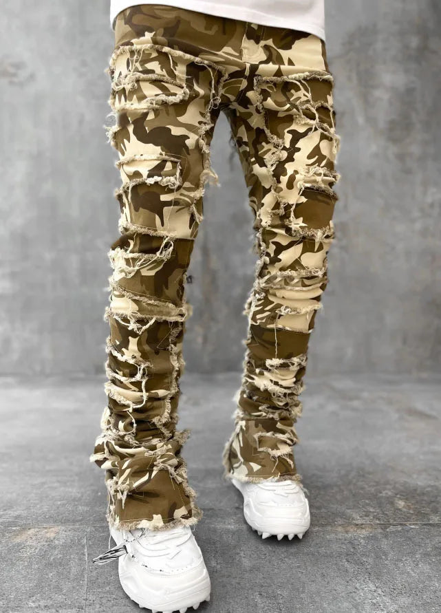 Men's Stacked Jeans Stretched Patchwork Pants Hip-Pop Trousers for Male