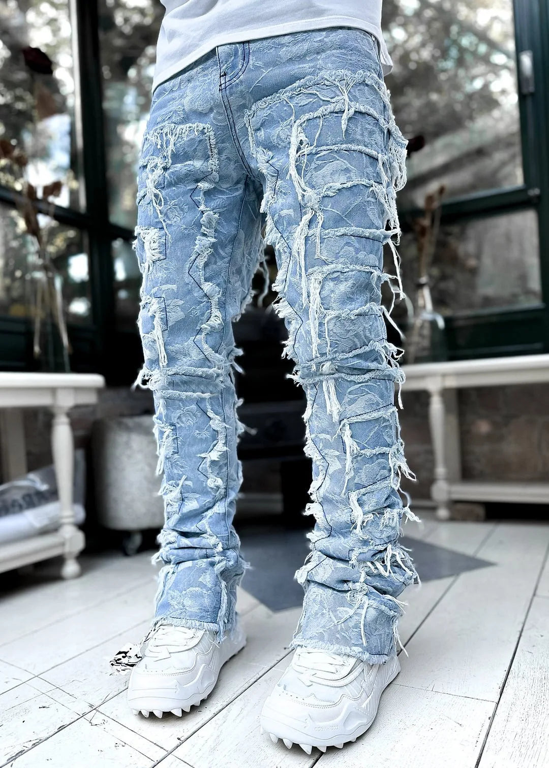 Men's Stacked Jeans Stretched Patchwork Pants Hip-Pop Trousers for Male