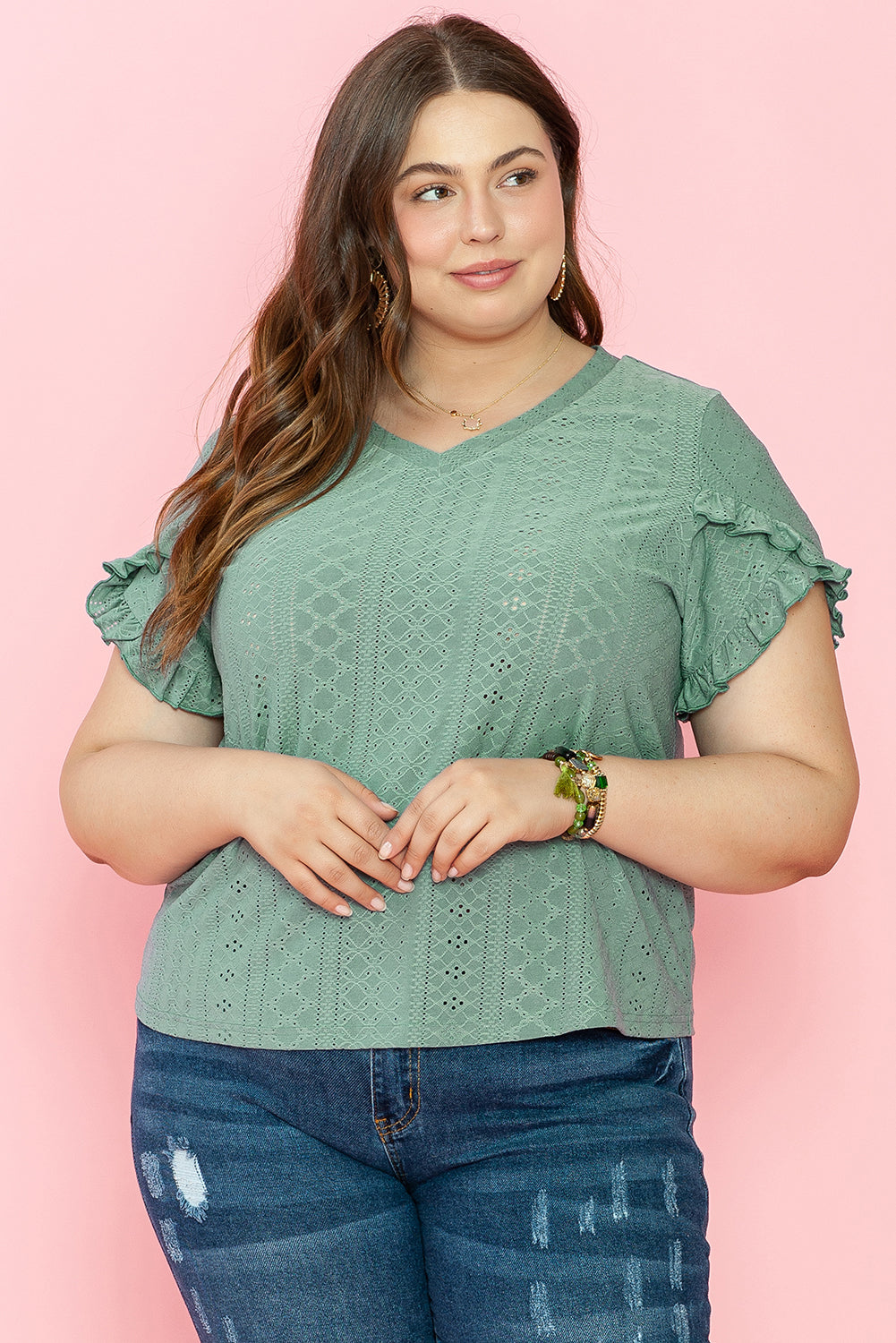 Lakelynn Petal Sleeve Jacquard v Neck Plus Size Blouse