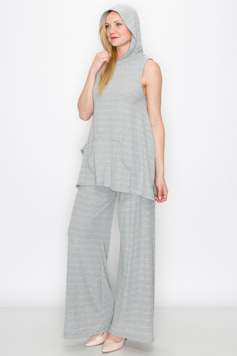 Sleeveless Hooded Top and Wide Leg Pants Set - Gray