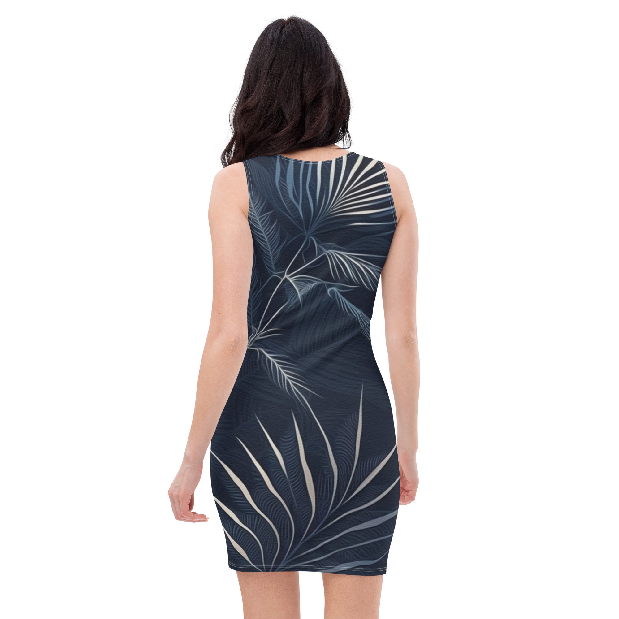 Womens Stretch Fit Bodycon Dress, Blue White Palm Leaves