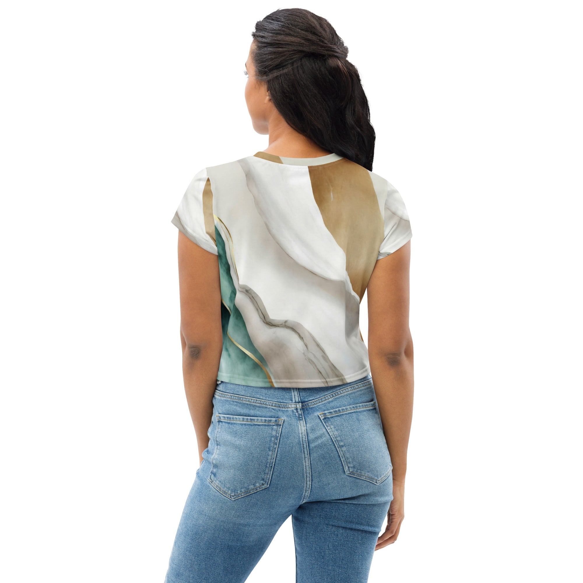 Womens Stretch Fit Crop Tee, Cream White Green Marbled Print