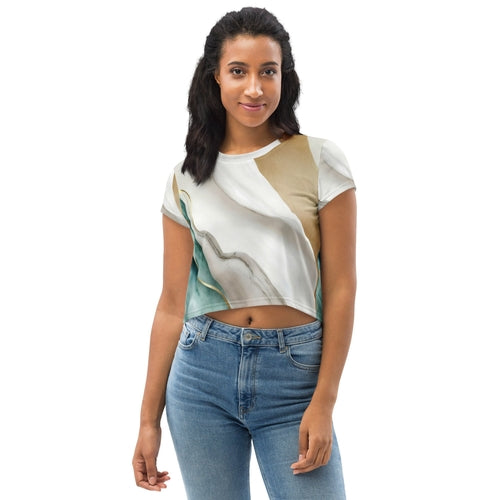 Womens Stretch Fit Crop Tee, Cream White Green Marbled Print