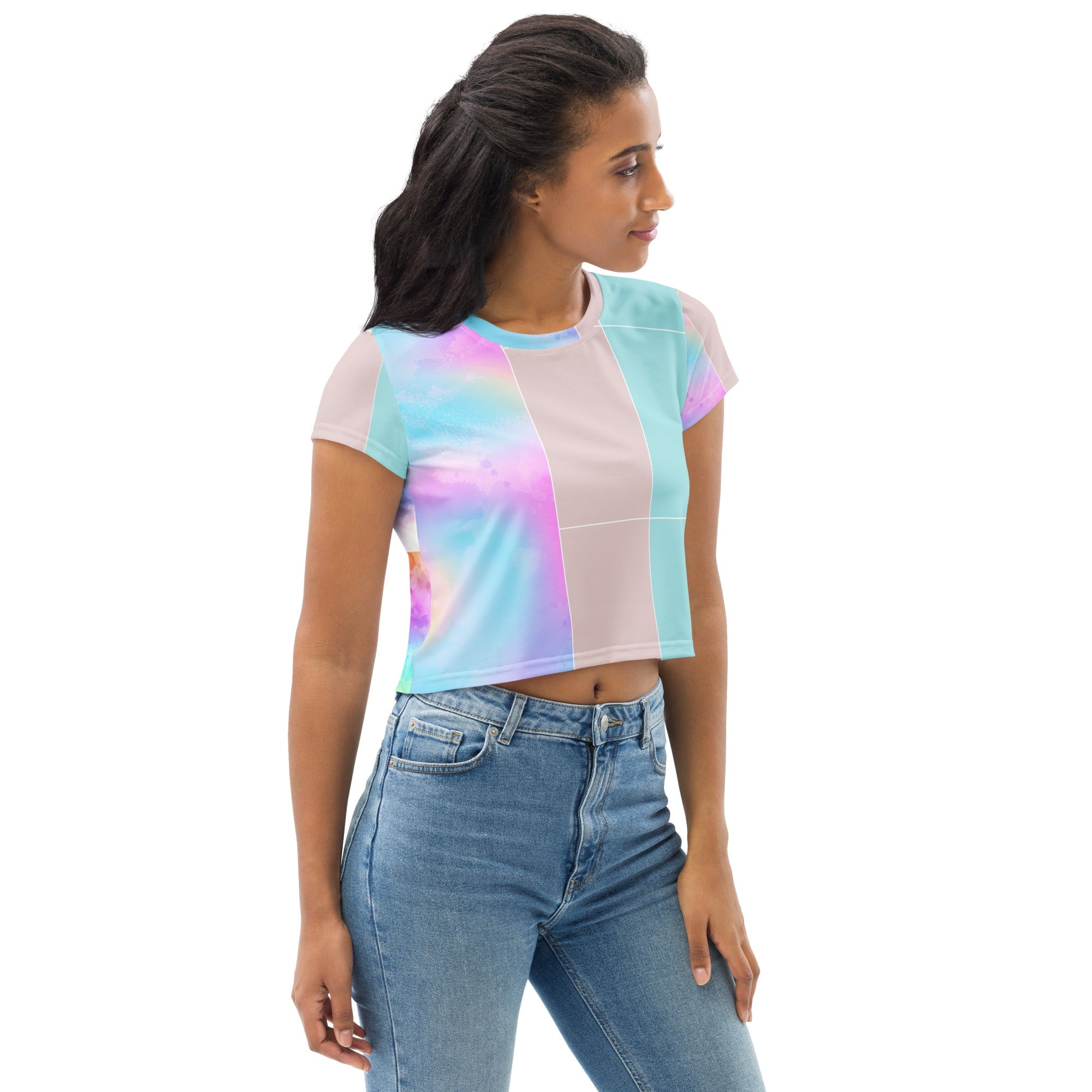 Womens Stretch Fit Crop Tee, Pastel Colorblock Watercolor Illustration