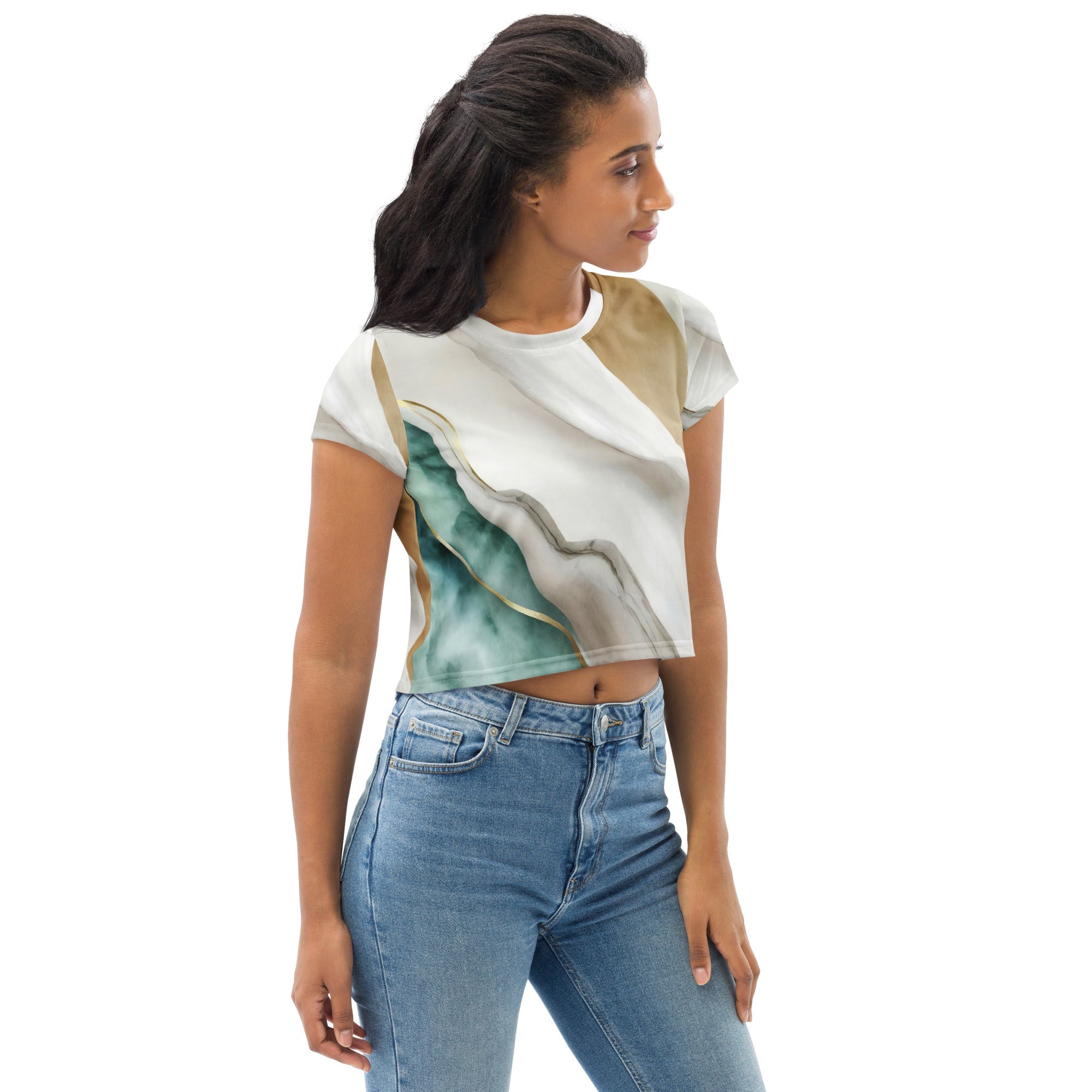 Womens Stretch Fit Crop Tee, Cream White Green Marbled Print