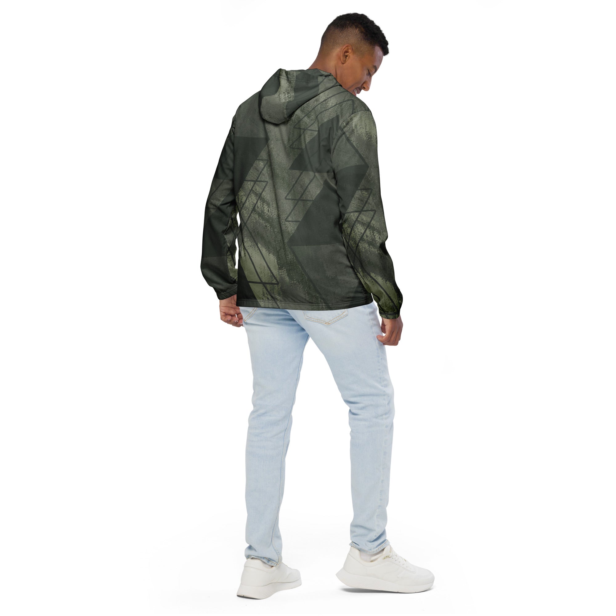 Mens Hooded Windbreaker Jacket, Olive Green Triangular Colorblock