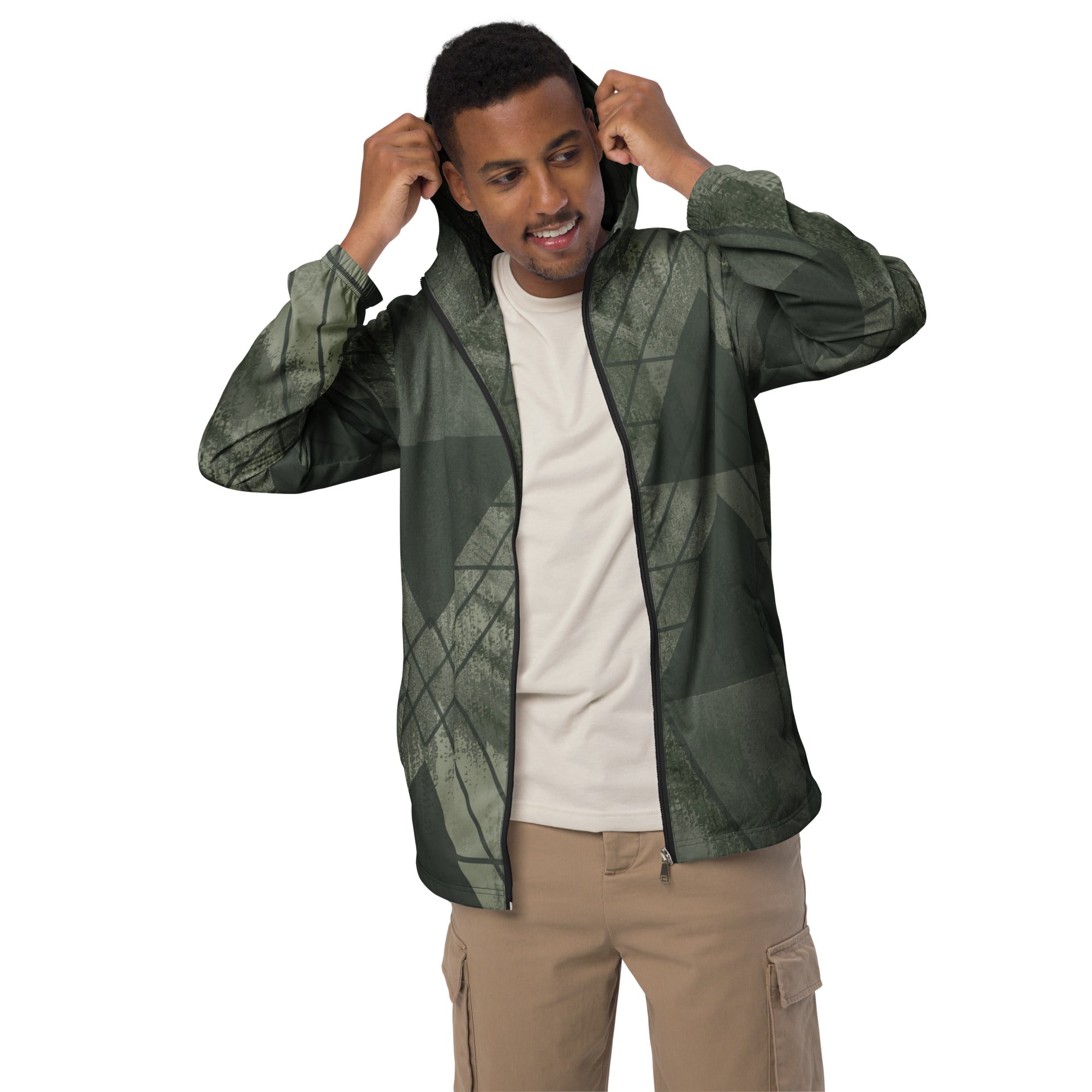 Mens Hooded Windbreaker Jacket, Olive Green Triangular Colorblock