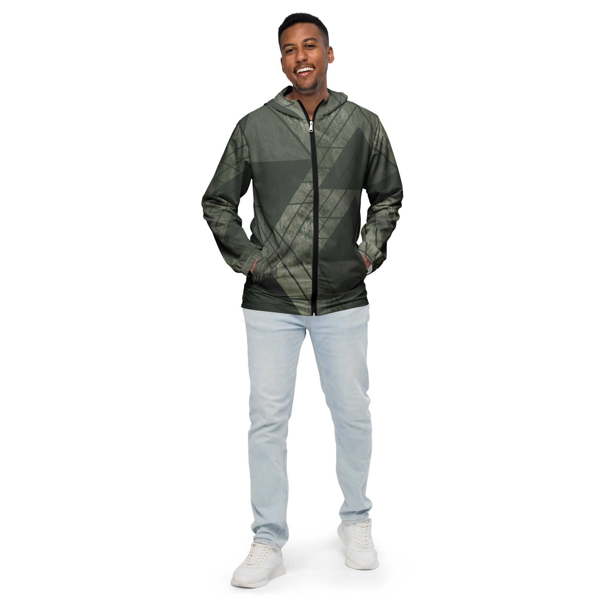 Mens Hooded Windbreaker Jacket, Olive Green Triangular Colorblock