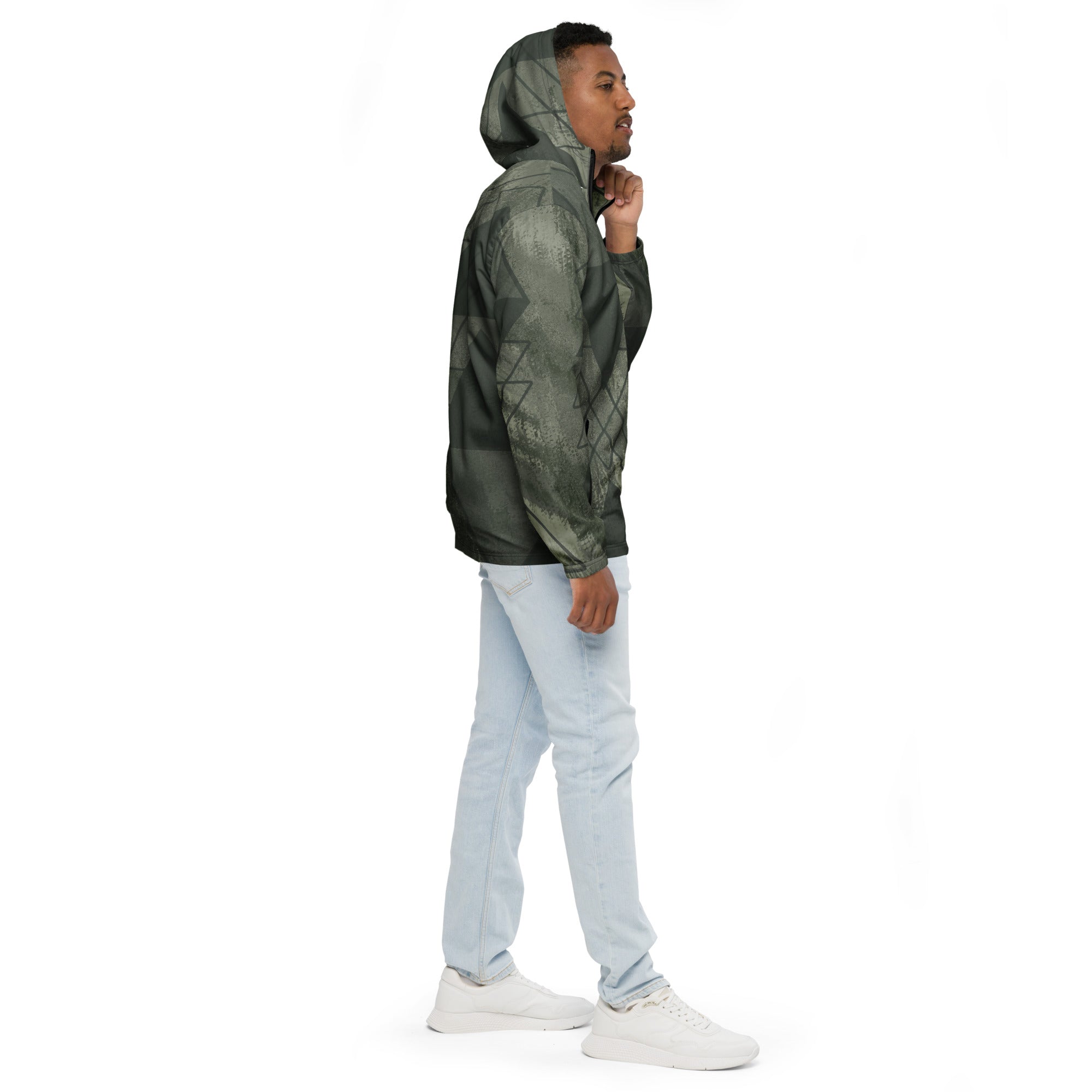 Mens Hooded Windbreaker Jacket, Olive Green Triangular Colorblock