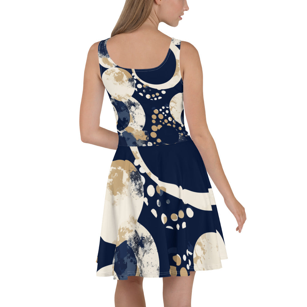 Womens Skater Dress, Navy Blue And Beige Spotted Illustration 2