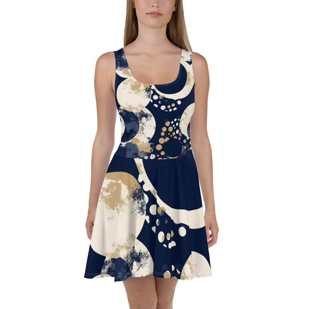 Womens Skater Dress, Navy Blue And Beige Spotted Illustration 2