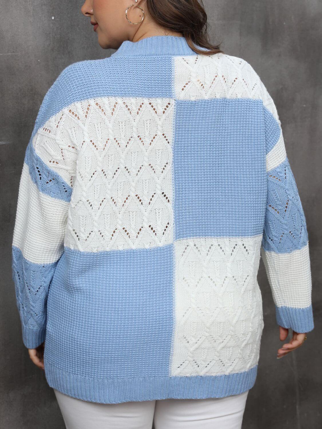 Plus Size Openwork Color Block Long Sleeve Sweater in Blue and White Back View