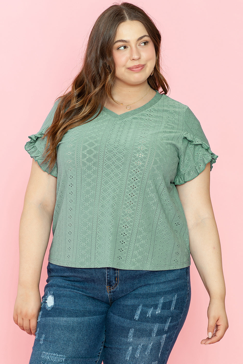 Lakelynn Petal Sleeve Jacquard v Neck Plus Size Blouse