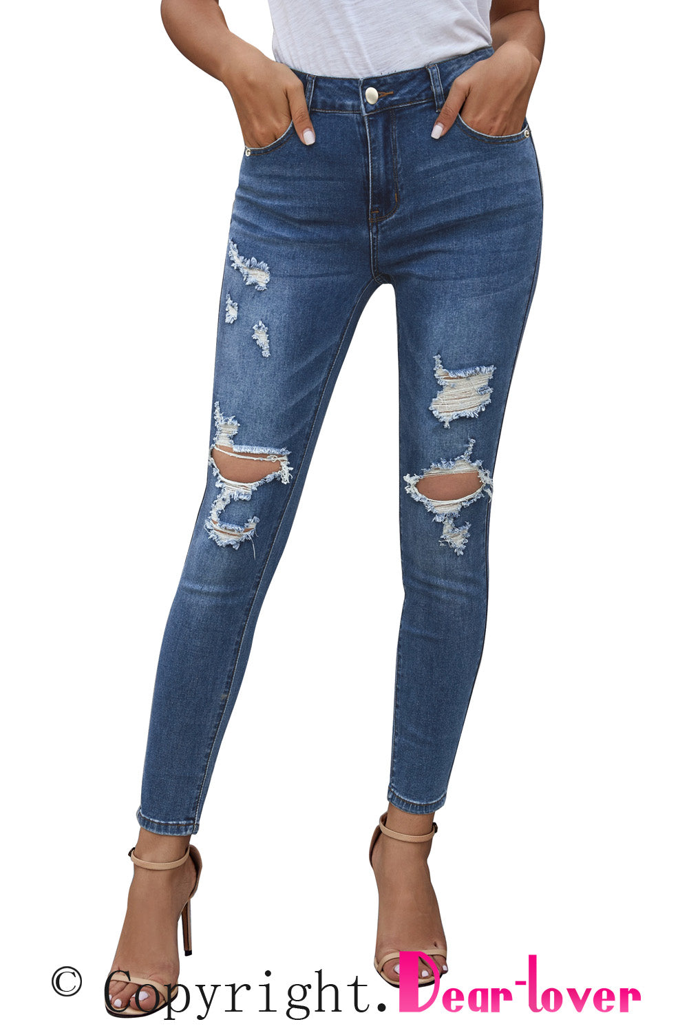 Blue Hollow Out Vintage Skinny Ripped Jeans